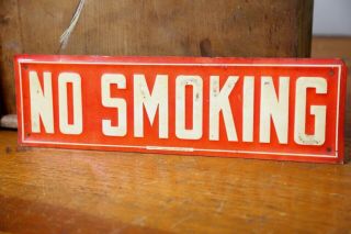 Vintage Metal Sign NO SMOKING Old Gas Station Red & White 13”x4” embossed 2