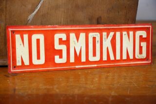 Vintage Metal Sign NO SMOKING Old Gas Station Red & White 13”x4” embossed 3