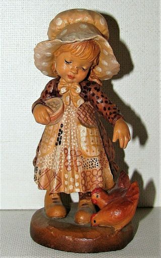 2.  Vintage Anri Of Italy Carved Wood Sarah Kay Little Girl Feeding The Chickens