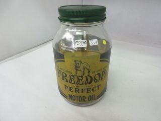 Vintage Advertising Freedom Perfect Motor Oil Glass Jar Garage Shop Tin M - 554
