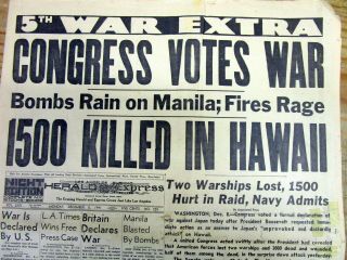 Dec 8,  1941 Hdlne Newspaper Japan Attacks Pearl Harbor Hawaii - Us Declares War