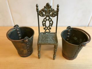 Vintage 2 X Mini Brass And Copper Buckets And Brass Chair
