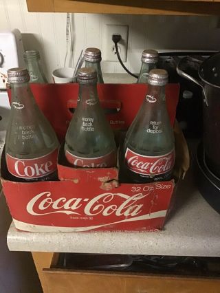 Vintage Coca Cola Bottle 32 Oz Return For Deposit 6 Pack W/ Cap Lid Green Glass