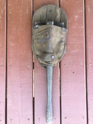 Vintage Wwii Us Military Wooden Handle Trench Shovel Canvas Cover (read Desc)