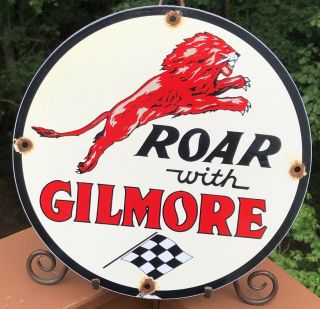 Vintage Roar With Gilmore The Red Lion Porcelain Gasoline Gas Oil Pump Sign