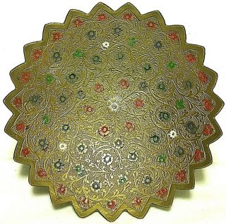 Vintage Brass Enamel Painted Engraved Etched Floral Flowers Tray India