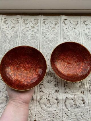 Pair Vintage Indian Footed Brass Floral Patterned Red Enamel Bowl Bon Bon Dish.