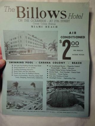 1950s The Billows Hotel Advertising Photo Broadside Miami Beach Florida Vg