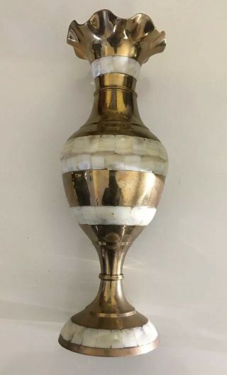 Huge Antique Vintage Brass & Abalone / Mother Of Pearl Vase Pot Urn 12 X 4.  5