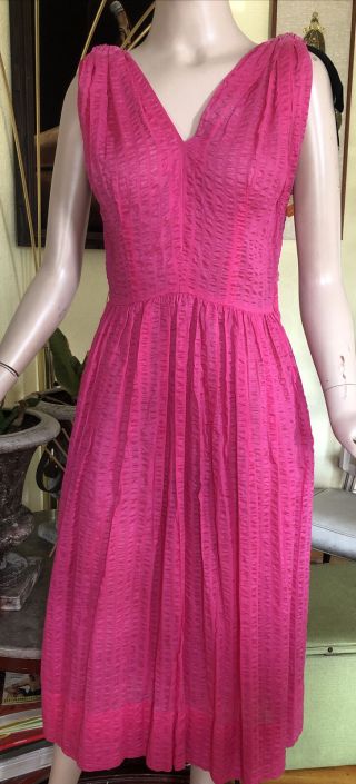 Vtg 40s 50s Pinup Hot Pink Seersucker Sheer Sun Dress Vlv Rockabilly