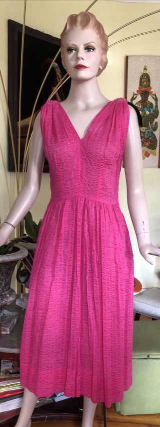 Vtg 40s 50s pinup hot pink seersucker Sheer Sun dress VLV Rockabilly 2
