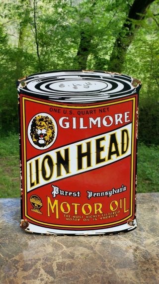 Gilmore Lion Head Motor Oil Porcelain Metal Sign Enamel Oil Can Lubester Garage
