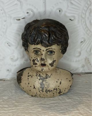 Antique Tin Metal Doll Head Germany Minerva Number 8 Vintage Doll Bust 6.  5” Tall
