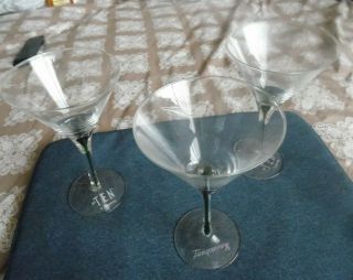 3 Vintage Tanqueray Ten Martini Glasses 6 1/2 " Clear Glass And Green Stem