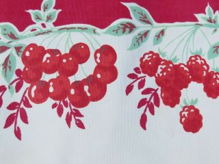 Vtg Tablecloth Red Cherries & Strawberries Jadite Leaves Big 70x60 Cotton 50 