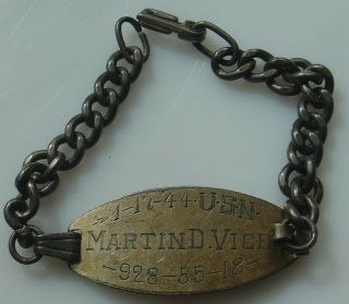 Vintage Sterling Silver Link Wwii Usn Us Navy Id Tag Bracelet