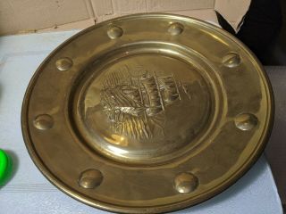 Vintage Embossed Brass Wall Plate Plaque With Sailing Ship Galleon