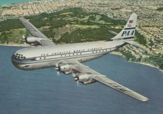 Pan American World Airways Strato Clipper Airplane Vintage 50s Aviation Postcard