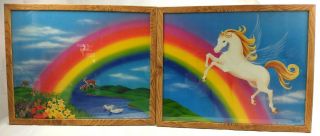 Vintage Rainbow Pegasus Flying Horse 2 Framed Pictures 1985 Deer Meadow