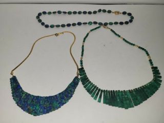3 Necklaces - Old - Lapis - Malachite - Beaded Stones - Gold Filled - Vintage - Designer?nr