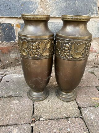 C1910 Beldray Brass Vases With Grapes And Vines Rare Flowers Urns