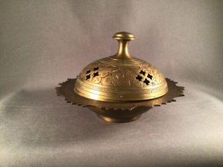 Vintage Solid Brass 5 " Round Incense Burner With Lid Hand - Crafted In India