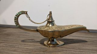 Solid Brass Genie Oil Lamp 7 " Incense Burner Aladdin Metal Arabian Statue Gift
