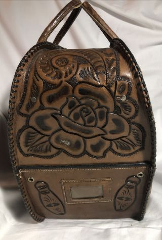 Vintage Mexico Lindo Hand Tooled Leather Bowling Ball Bag 2