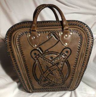 Vintage Mexico Lindo Hand Tooled Leather Bowling Ball Bag 3