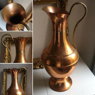 Vintage Large Copper Jug With Brass Handle Rustic Retro Boho Vase 50cm
