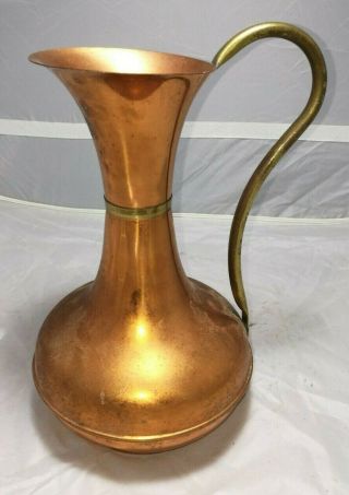 Vintage Copper Jug With Brass Handle Vase 11 " Tall Vgc