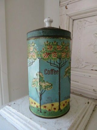 Sweet Old Vintage Coffee Tin Can Canister Trees Flowers Aqua Porcelain Knob