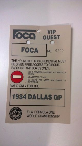 Fia F1 Formula 1 Foca Vip Circuit Paddock Pass 1984 Dallas Gp Scca Can Am Race