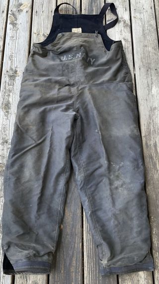 Vintage Ww2 Us Navy Deck Bibs Pants Overalls Sz Large Stenciled Rare Htf