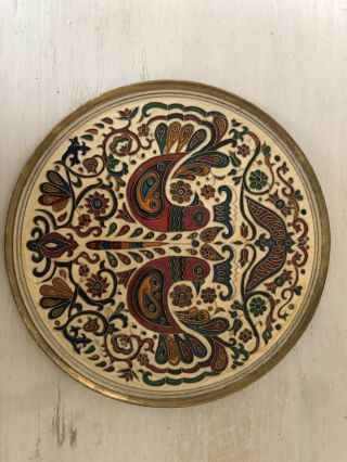 Brass And Enamel Round Wall Plate Birds Flowers
