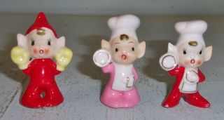 3 Vintage Porcelain Pixie Elf Figurines Snap Crackle Pop Chefs Red & Pink