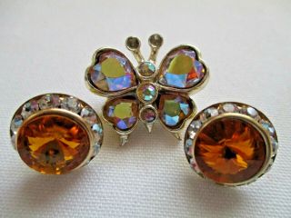Vintage " Weiss " Aurora Borealis Butterfly Pin & Amber Gold Rhinestone Earrings