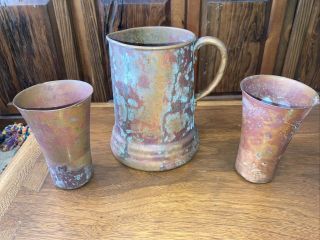 Vintage Solid Copper Water Pitcher With 2 Matching Cups.  Patina