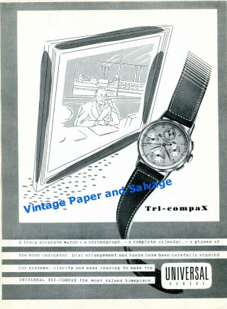 1949 Universal Geneve Tri - Compax Watch Advert Vintage 1940s Swiss Print Ad