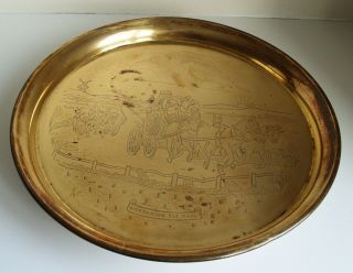 Old Brass Tray Entitled Overtaking The Mail 35.  5cm Diameter