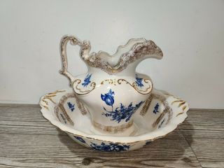 Vintage Porcelain Water Pitcher And Wash Bowl Basin Vanity Bath Dresser