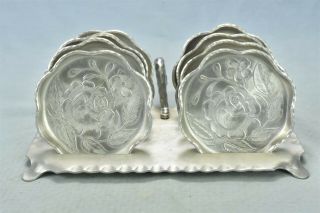 Vintage Set Of 8 Forged Aluminum Floral Coasters In Handled Caddy Holder 00936