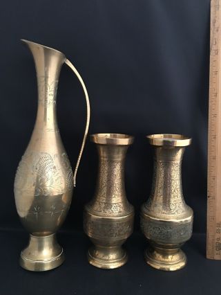 Vintage Brass Etched Vase And Jug Bundle
