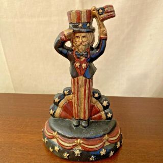 Cast Iron Metal Patriotic Uncle Sam Folk Art Doorstop/bookend Saluting W/flag