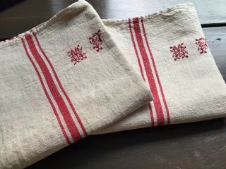 Pair (2) Vintage French Linen Red Stripe Kitchen Torchon Towels Mono Mf Set1