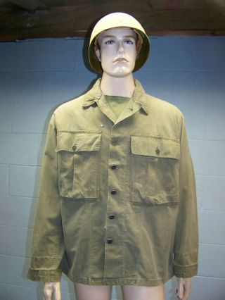 Wwii U.  S.  Army Hbt Herringbone Twill Shirt With Gas Flap And 13 Star Buttons