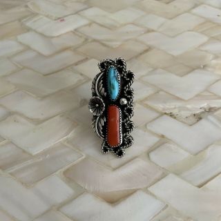 Stunning Vintage Native American Turquoise & Coral Sterling Silver Ring Size 7