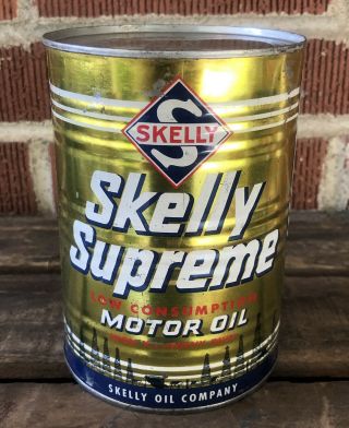 Vtg Skelly Supreme Motor Oil 1 Quart Oil Can Tin Full Ribbed Quart Can