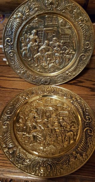 Vintage Set Of 2 Brass Wall Plates Tavern Scene Made In England