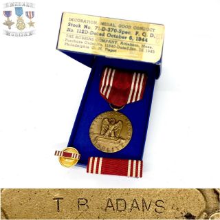 Named Wwii U.  S.  Army Good Conduct Medal T.  B.  Adams Ribbon Bar Lapel Pin Box